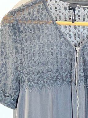The Kooples Slate Gray Skull/Lace Trim Zip Blouse
